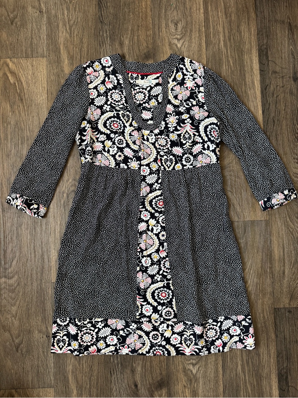 Boden Mollie Patchwork Black Floral Mixed-Print Tunic Dress 3/4 Sleeves US 8R